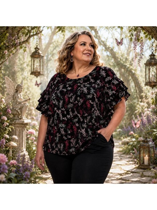Lane Bryant Tops - Lane Bryant Womens Dark Floral Ruffle Sleeve Top SZ 18 Whimsy Fairy Whimsigoth